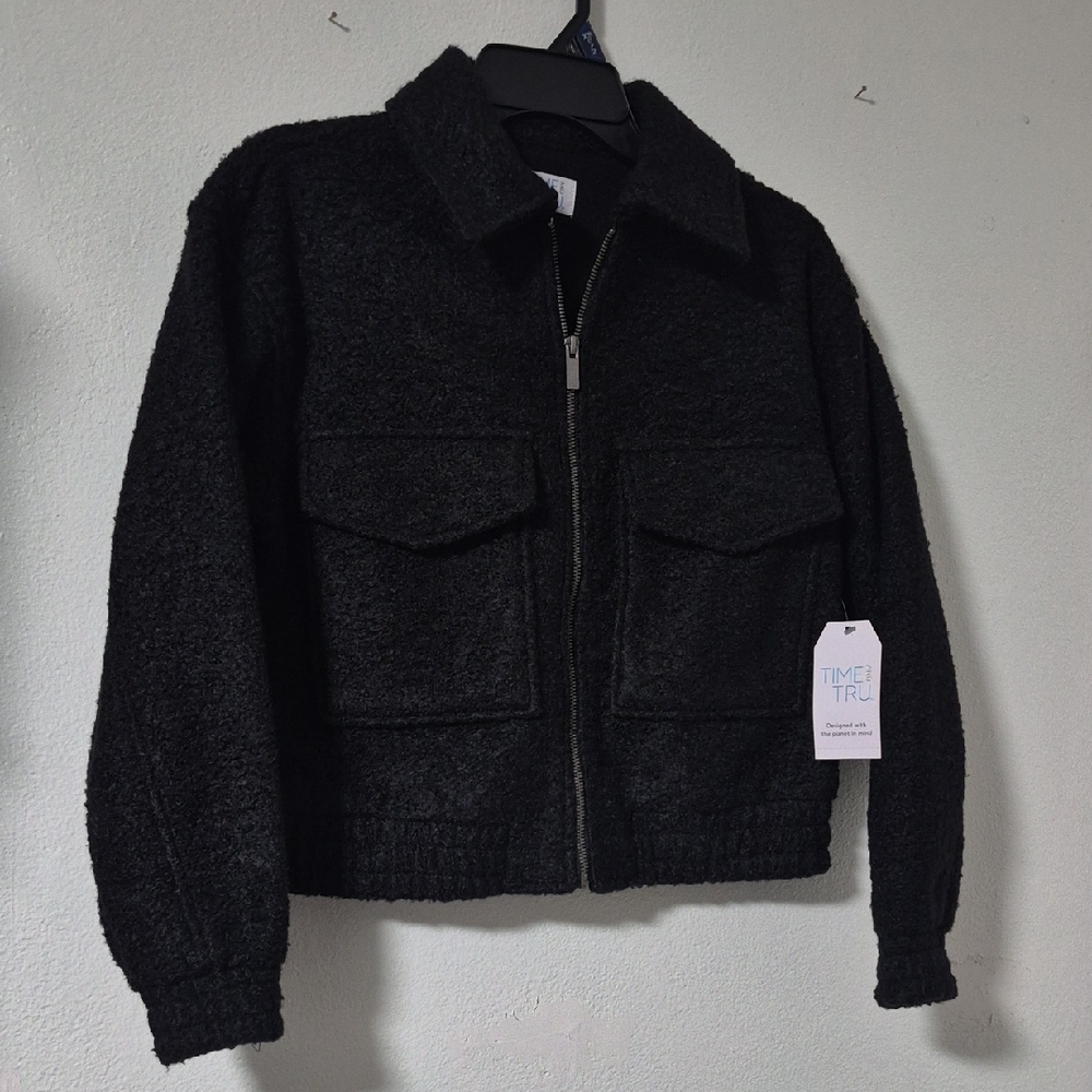 Time and Tru Black Boucle Zip-Up Bomber Jacket